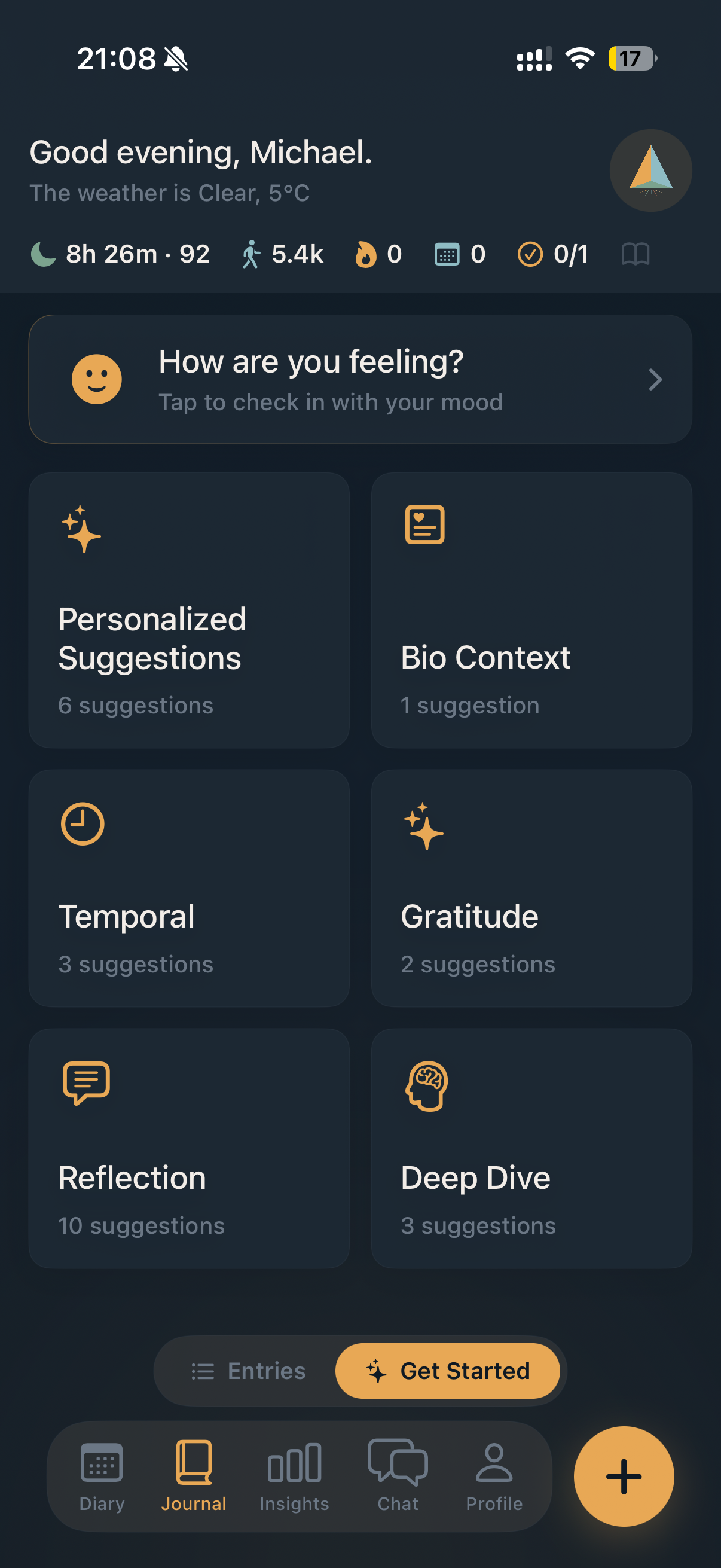 Journal screen showing context-aware prompt categories